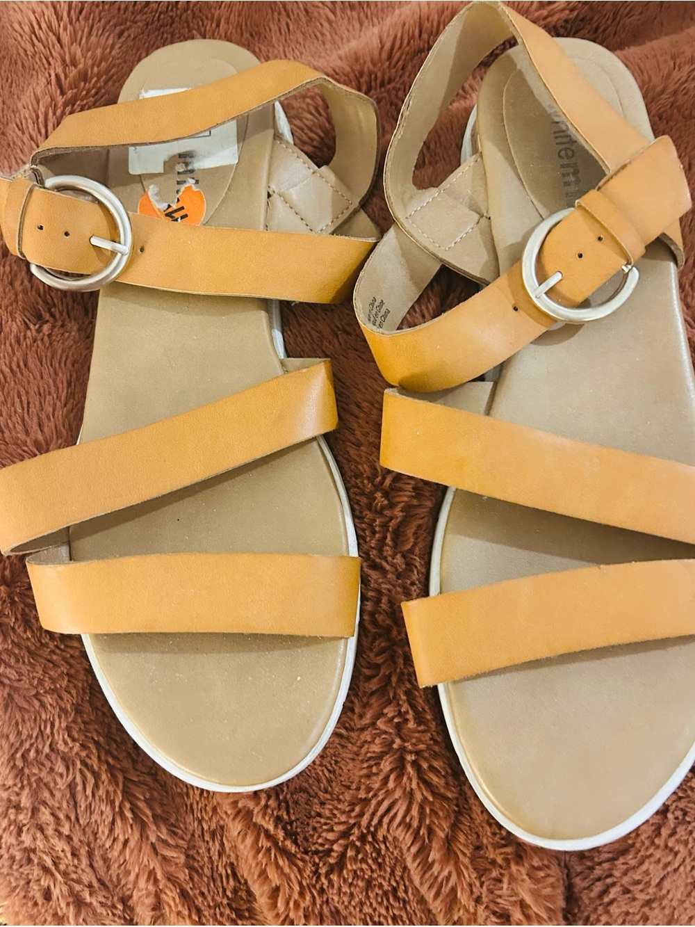 White Mountain Women's Triple-Strap Sandals in Mustard Tan with Round Buckles